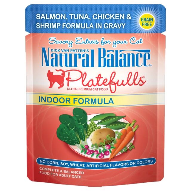 Platefulls® Indoor Salmon, Tuna, Chicken & Shrimp Formula in Gravy Wet Cat Food, 3-Oz