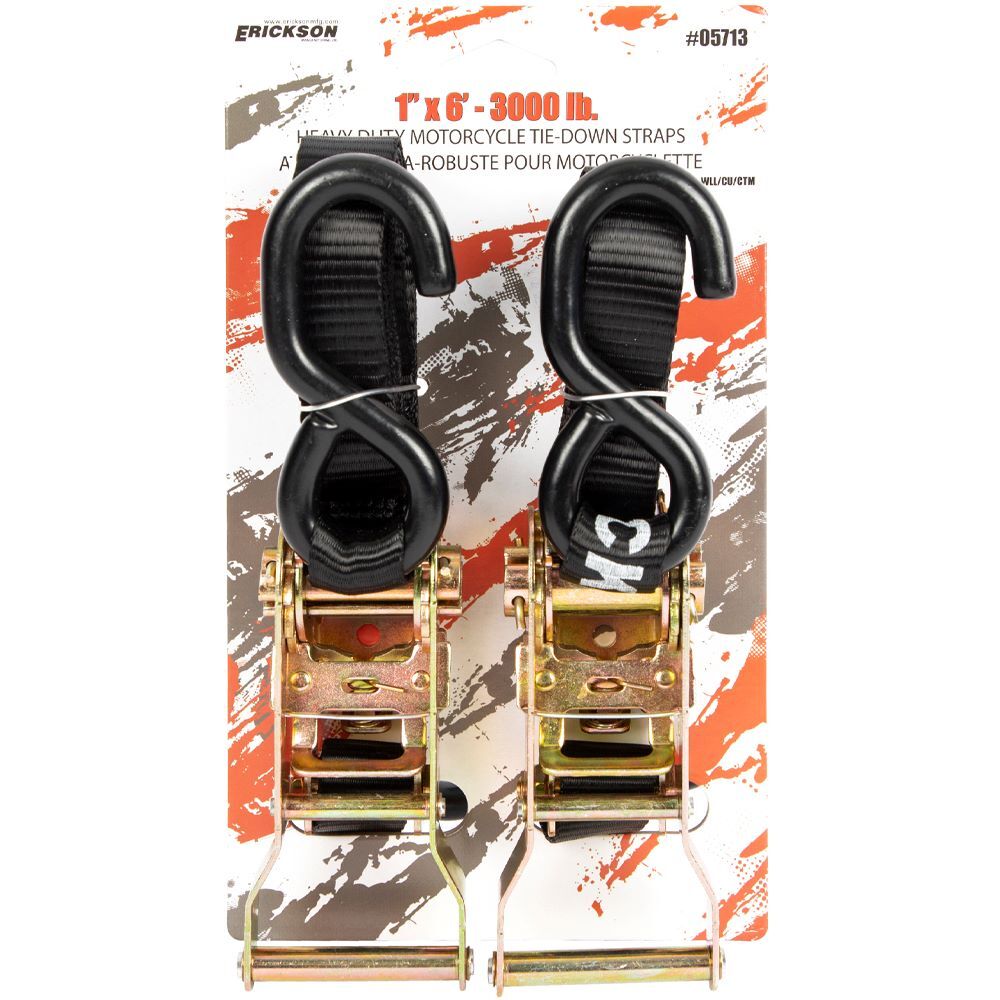 Erickson Heavy Duty Motorcycle Ratchet Straps, 1-In x 6-Ft, 3000-Lb, 2-Pk