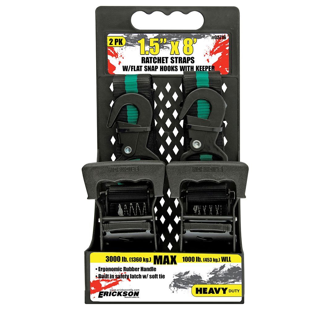 Erickson Ratcheting Tie-Downs, 1-1/2-In x 8-Ft, 3000-Lb, 2-Pk