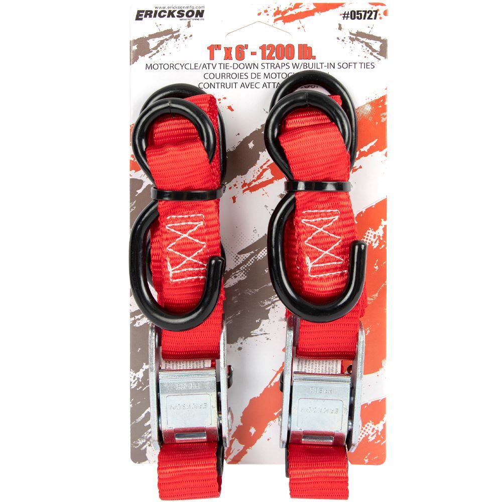 Erickson Motorcycle/ATV Cam Buckle Straps with Built in Soft Ties, 1-In x 6-Ft, 1200-Lb, 2-Pk
