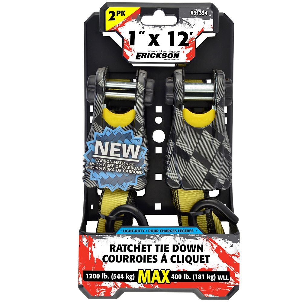 Erickson Ratchet Tie-Down with Carbon Fiber Look, 1-In x 12-Ft, 1200-Lb, 2-Pk