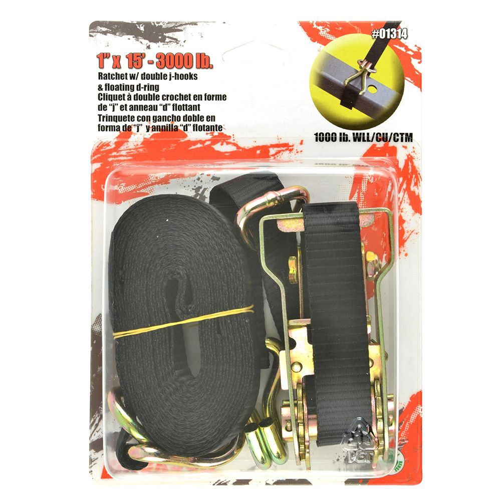 Erickson Ratchet with Double J-Hooks Floating D-Ring, 1-In x 15-Ft, 3000-Lb