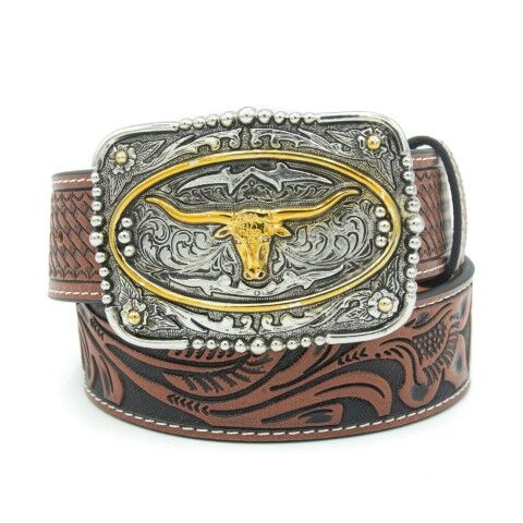 AndWest Kids' 1 1/4-In Square Longhorn Tooled Buckle Belt in Brown