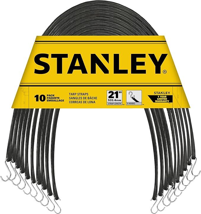 Stanley Black All-Weather Rubber Bungee Cords with S-Hooks, 21-In, 10-Pk
