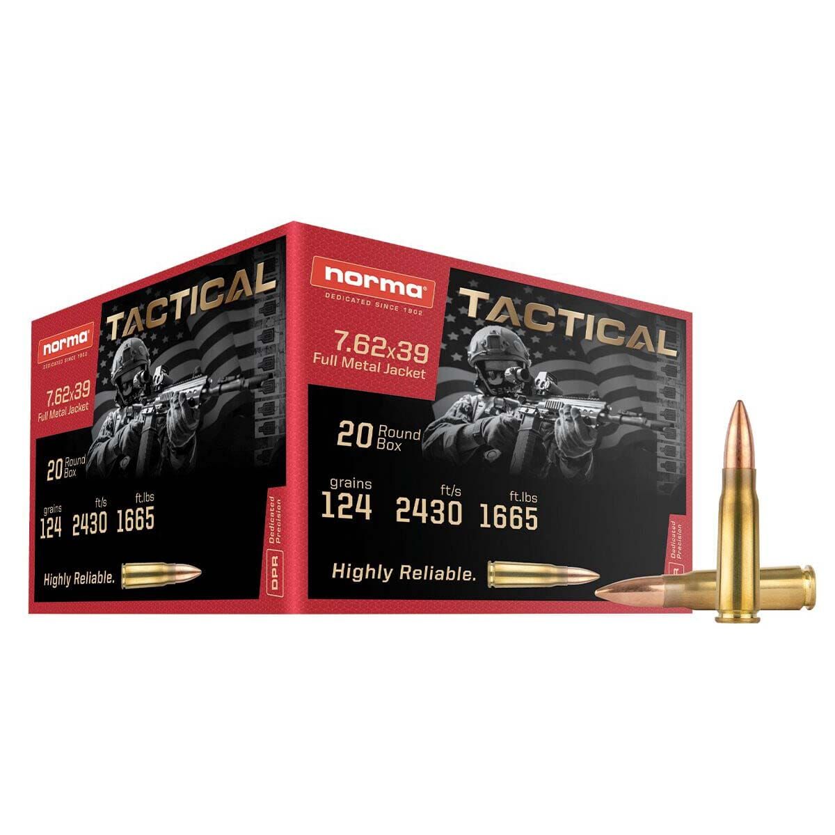 Norma Tactical 7.62x39mm, 124 Grain Full Metal Jacket Rifle Ammo, 20-Rd