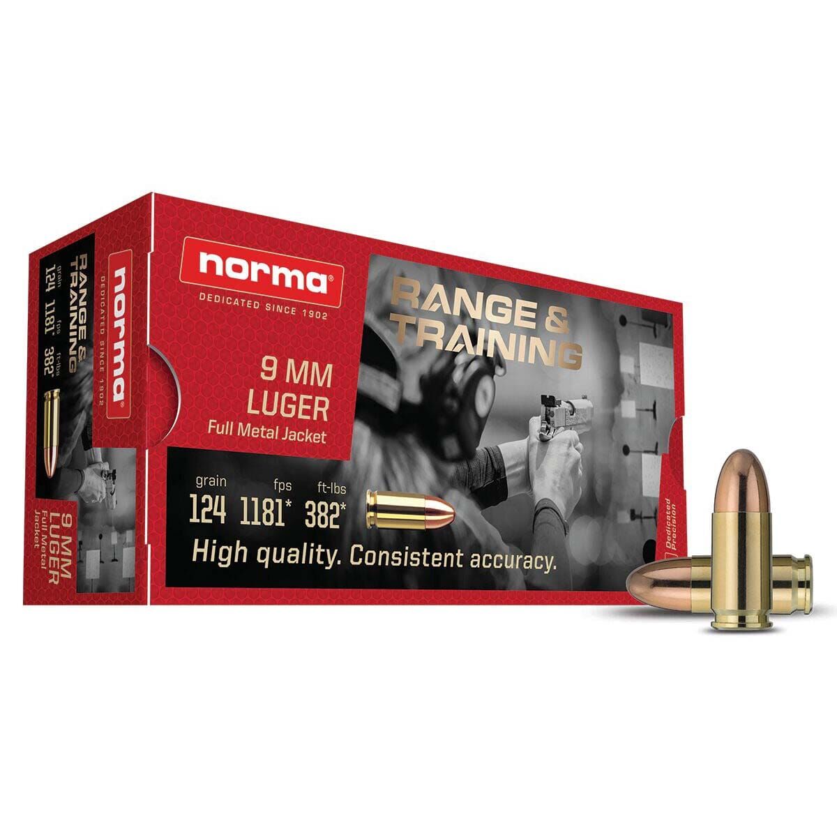 Norma Range & Training 9mm, 124 Grain Full Metal Jacket Pistol Ammo, 50-Rd