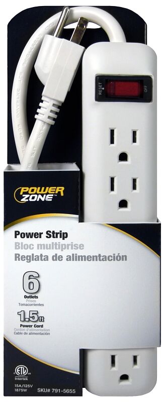 PowerZone White 6-Outlet Straight Plug Power Strip, 15-A, 125-V, 1 1/2-Ft