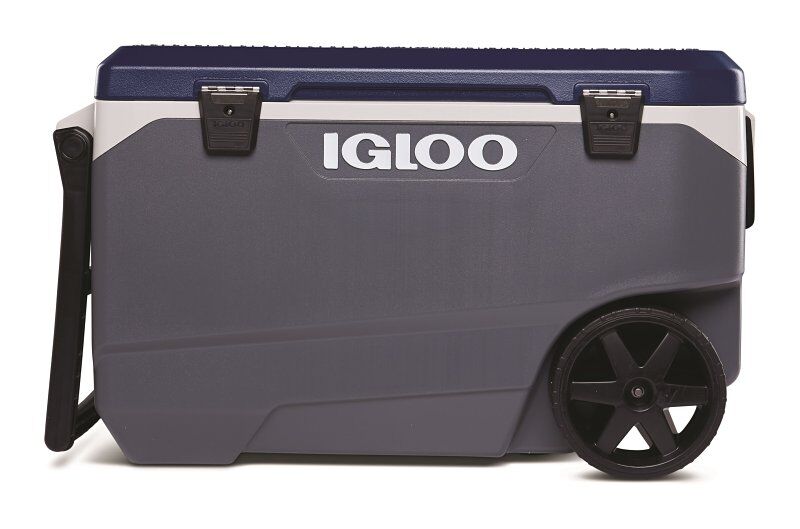 Igloo Maxcold Latitude Series Aegean Sea/Carbonite Roller Cooler, 90-Qt