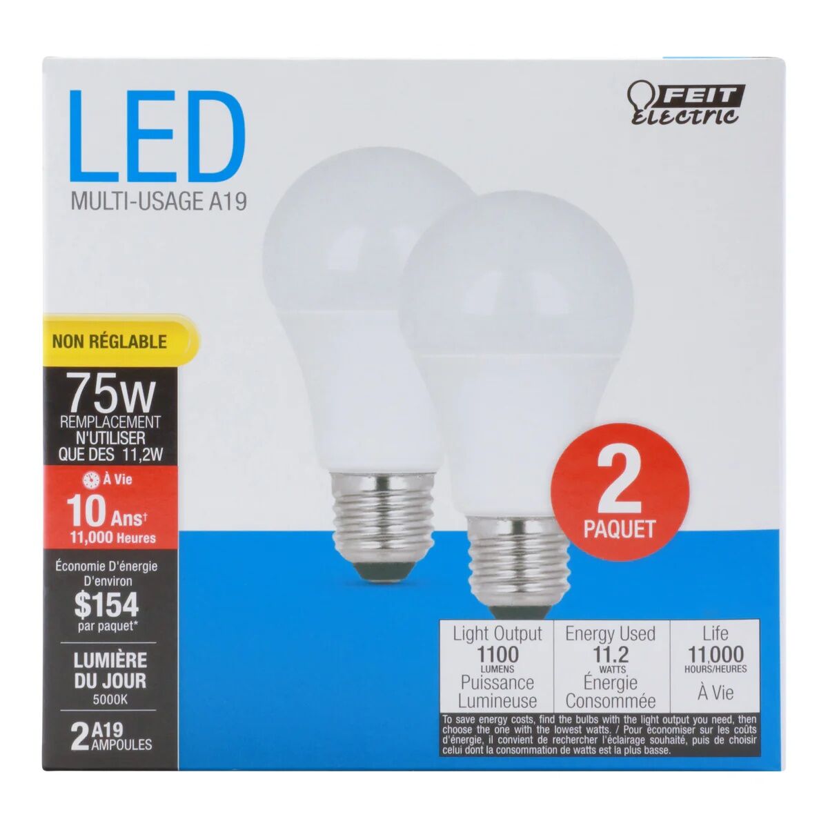 Feit Electric A19 11.2 Watt Frosted Daylight LED Light Bulb, 2-Pk