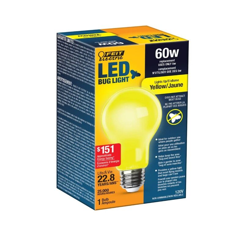Feit Electric A19 5 Watt Yellow LED Bug Light Bulb