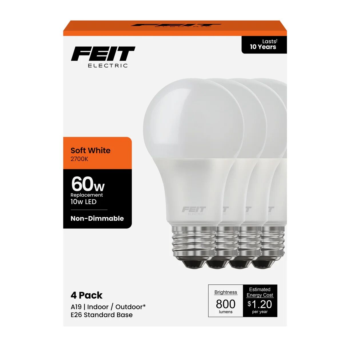 Feit Electric A19 9 Watt Soft White LED Light Bulb, 4-Pk