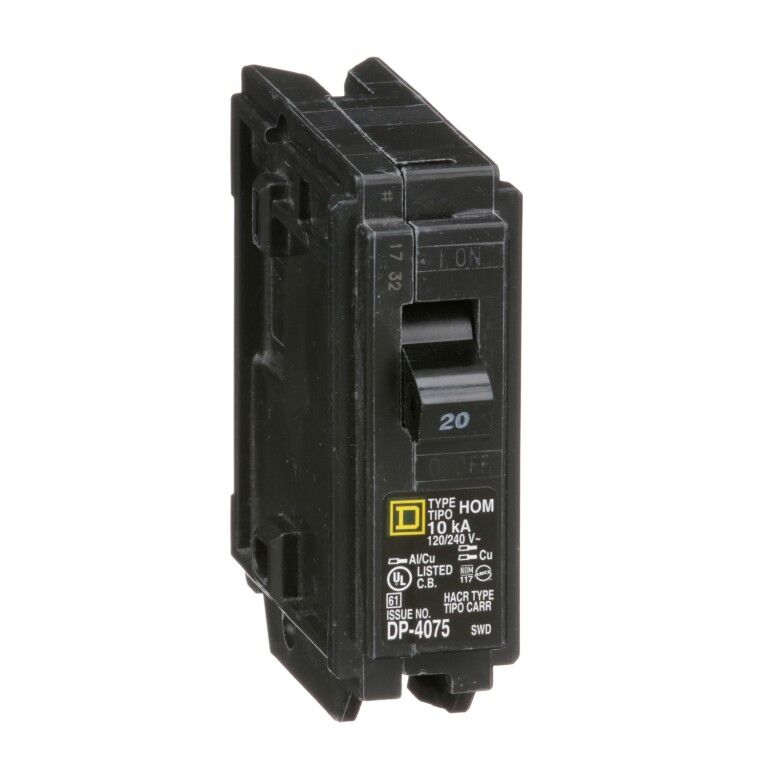 Square D Homeline Standard 1 Pole Mini Plug-In Circuit Breaker, 10 kA, 20-A, 120-V/240-V AC
