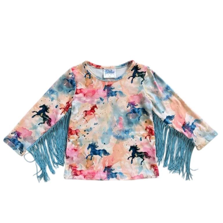 Shea Baby Kids' Watercolor Horse Long Sleeve Fringe Shirt