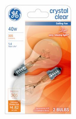 GE Clear Candelabra Base Ceiling Fan Light Bulbs, 40 Watt, 2-Pk