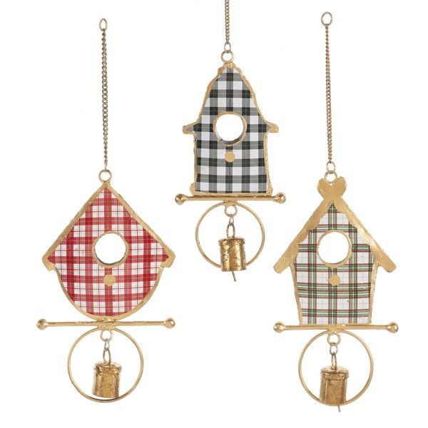 Ganz Plaid Birdhouse with Bell Ornament Assortment