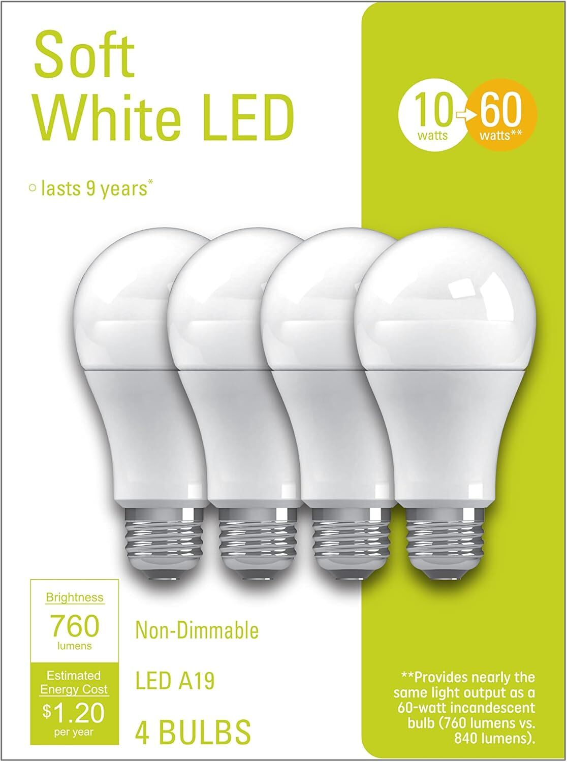 GE A19 10 Watt Soft White LED Light Bulbs, 4-Pk