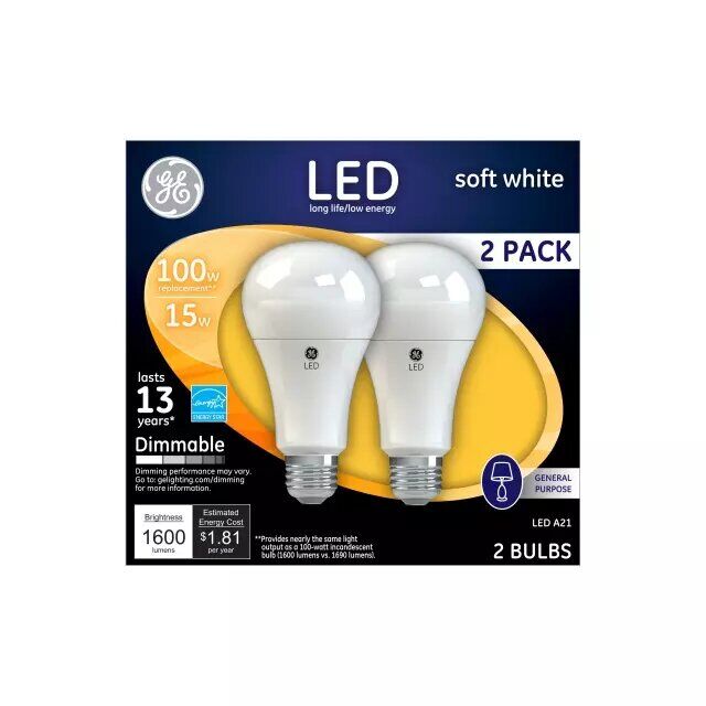 100W Replacement Soft White Dimmable Led Light Bulb General Purpose A21 (2-Pack)