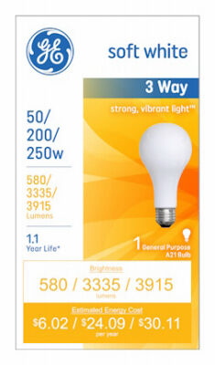 GE 3-Way Soft White Light Bulb, 50/200/250 Watt