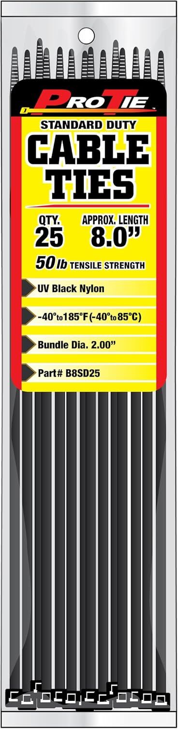 Pro Tie Black Standard Duty 50-Lb Tensile Strength 8-In Cable Ties, 25-Pk