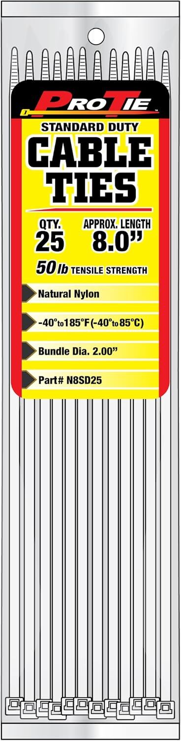 Pro Tie Natural Standard Duty 50-Lb Tensile Strength 8-In Cable Ties, 25-Pk