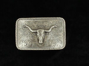 M & F Western Men's Longhorn Motif Belt Buckle in Silver