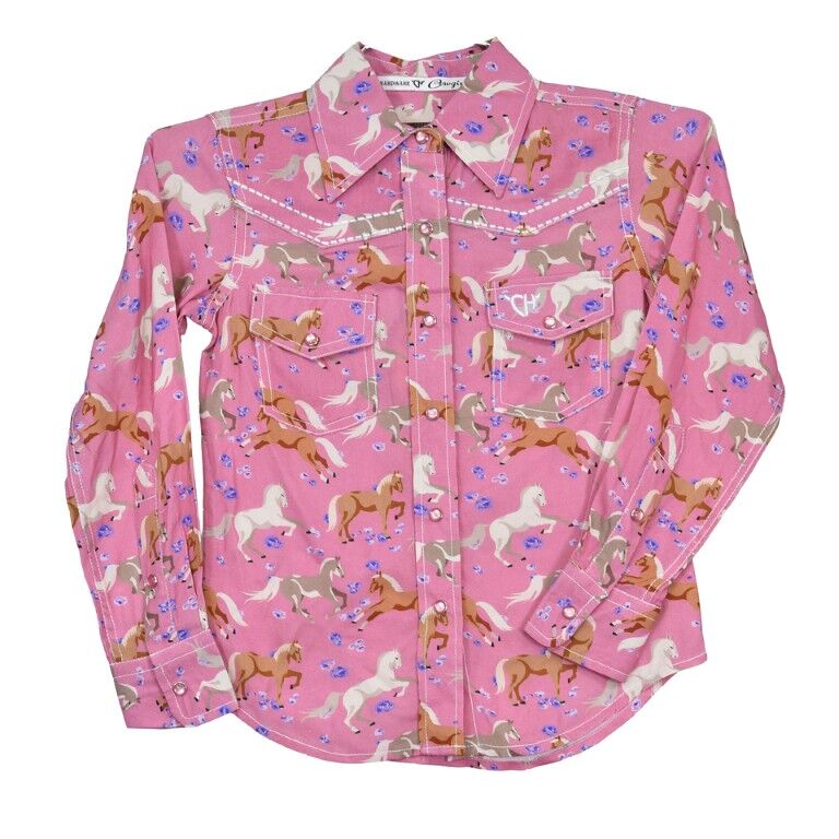 Cowboy Hardware Girl's Horse Flowers Print Long Sleeve Shirt