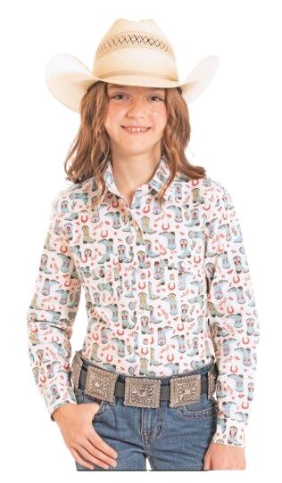 Panhandle Slim Girl's Long Sleeve Boot Print Snap Shirt