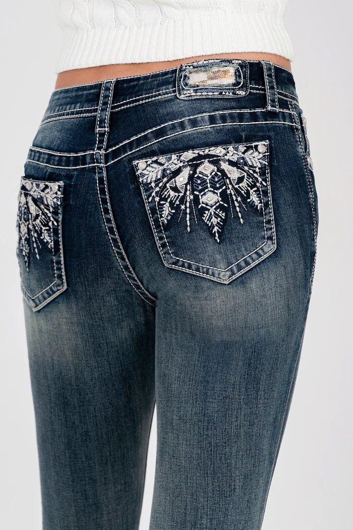 Grace In LA Women's Western Embellishment Mid Rise Bootcut Jeans in Dark Wash