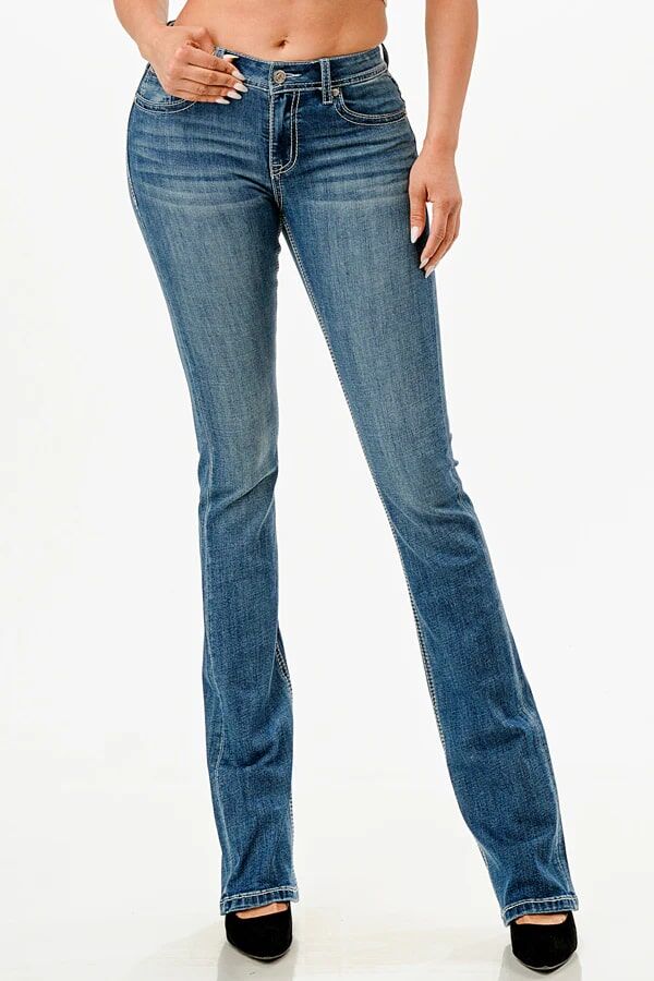 Grace In LA Women's Aztec 3D Faux Flap Mid Rise Bootcut Jeans