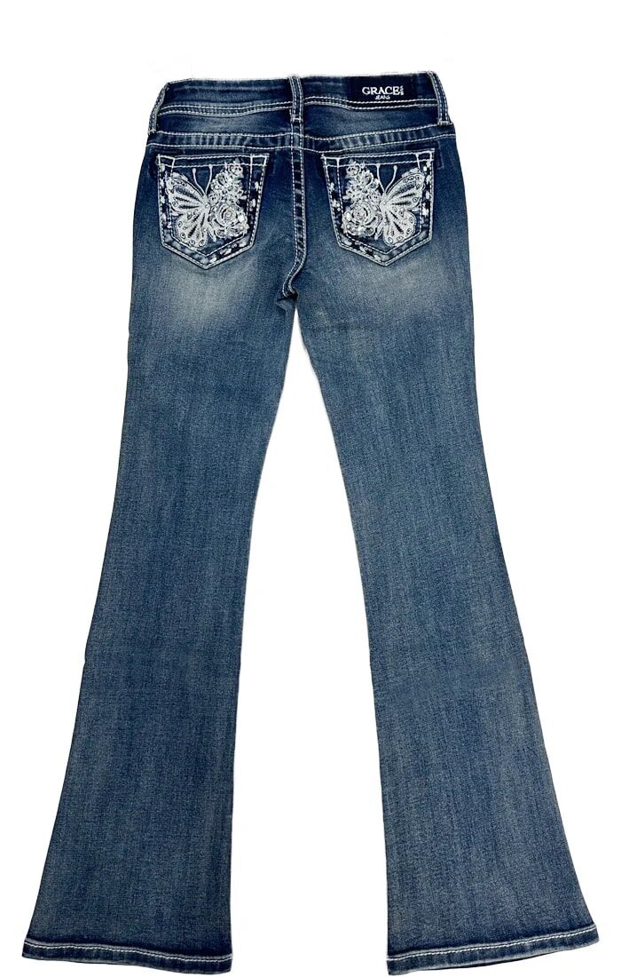 Grace In LA Girl's Butterfly Embroidered Bootcut Jean