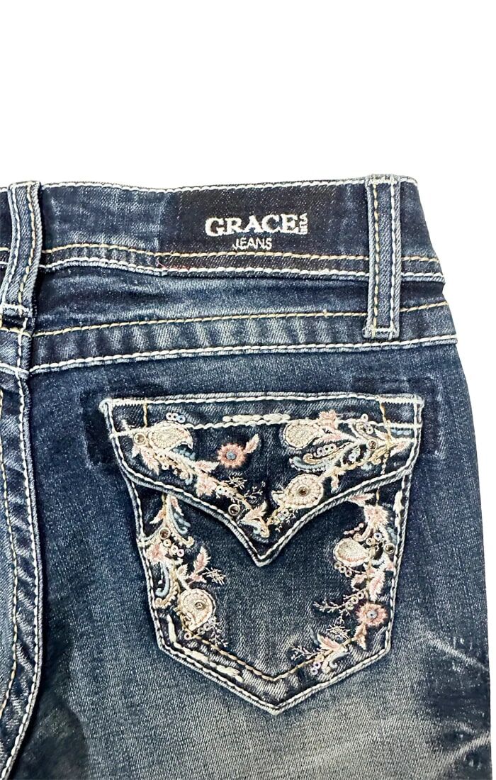 Grace In LA Girl's Floral Embroidery Faux Flap Bootcut Jean