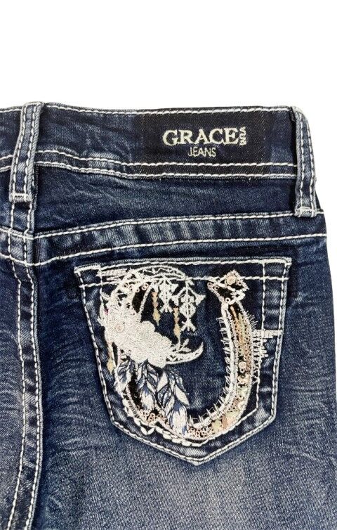 Grace In LA Girl's Horseshoe Embroidery Faux Flap Bootcut Jean