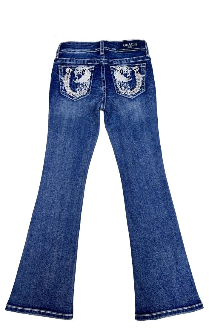 Grace In LA Girl's Horseshoe Embroidery Faux Flap Bootcut Jean
