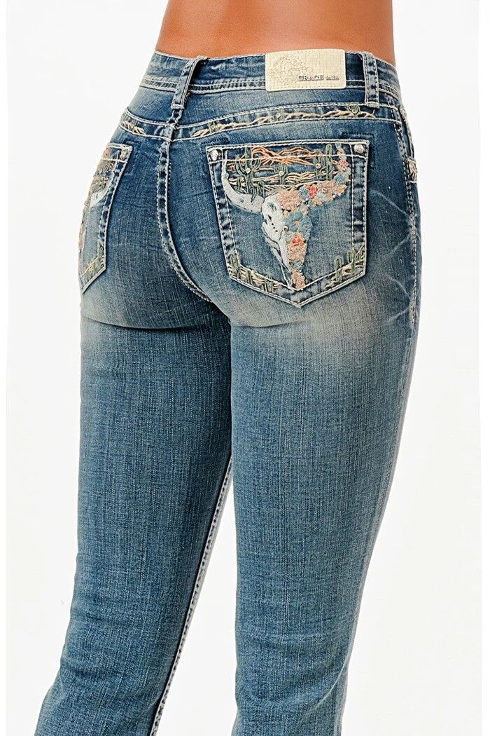 Grace in LA Girl's Steer Head Embroidery Mid Rise Bootcut Jean