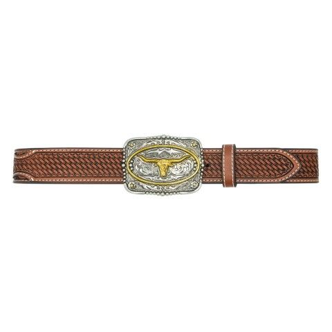 AndWest Kids' 1 1/4-In Square Longhorn Tooled Buckle Belt in Brown