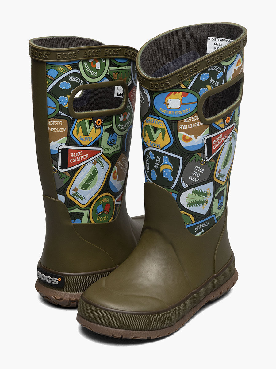 Bogs Kids' Camping Patches Rainboots in Army Green