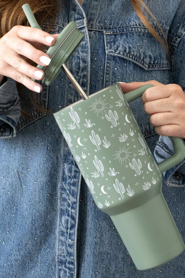 The Care Collective Sage Green Cactus Print Tumbler, 40-Oz