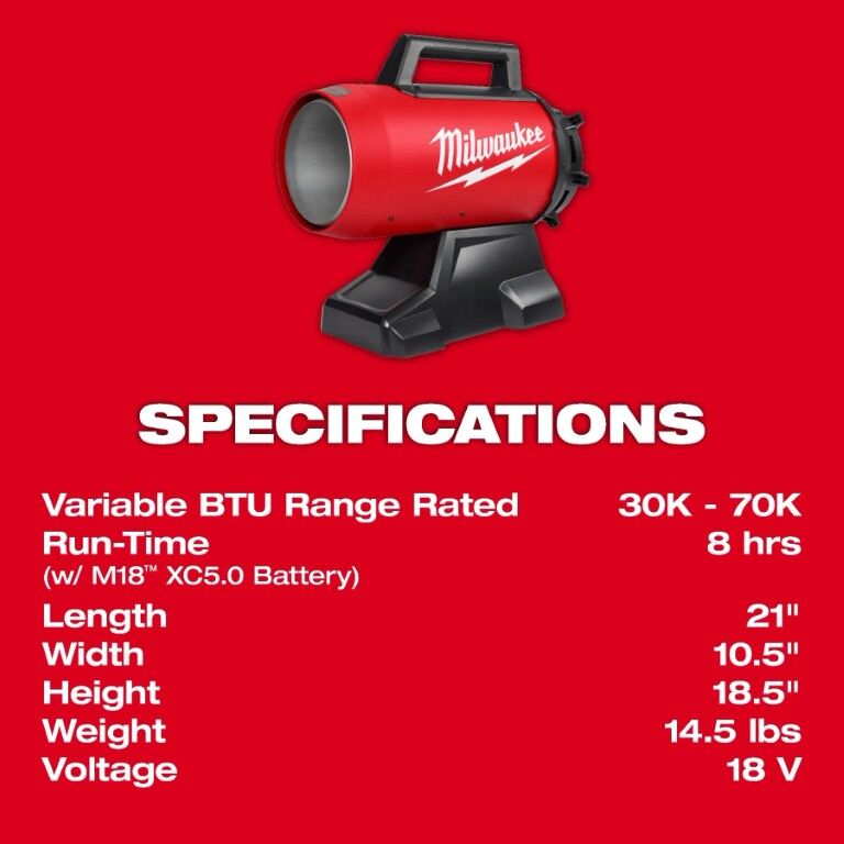Milwaukee M18 70,000-BTU Forced Air Propane Heater (Tool Only)
