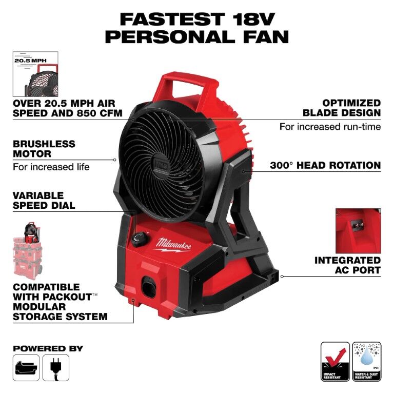 Milwaukee M18 Cordless/Corded Brushless Packout Compatible Fan (Tool Only)