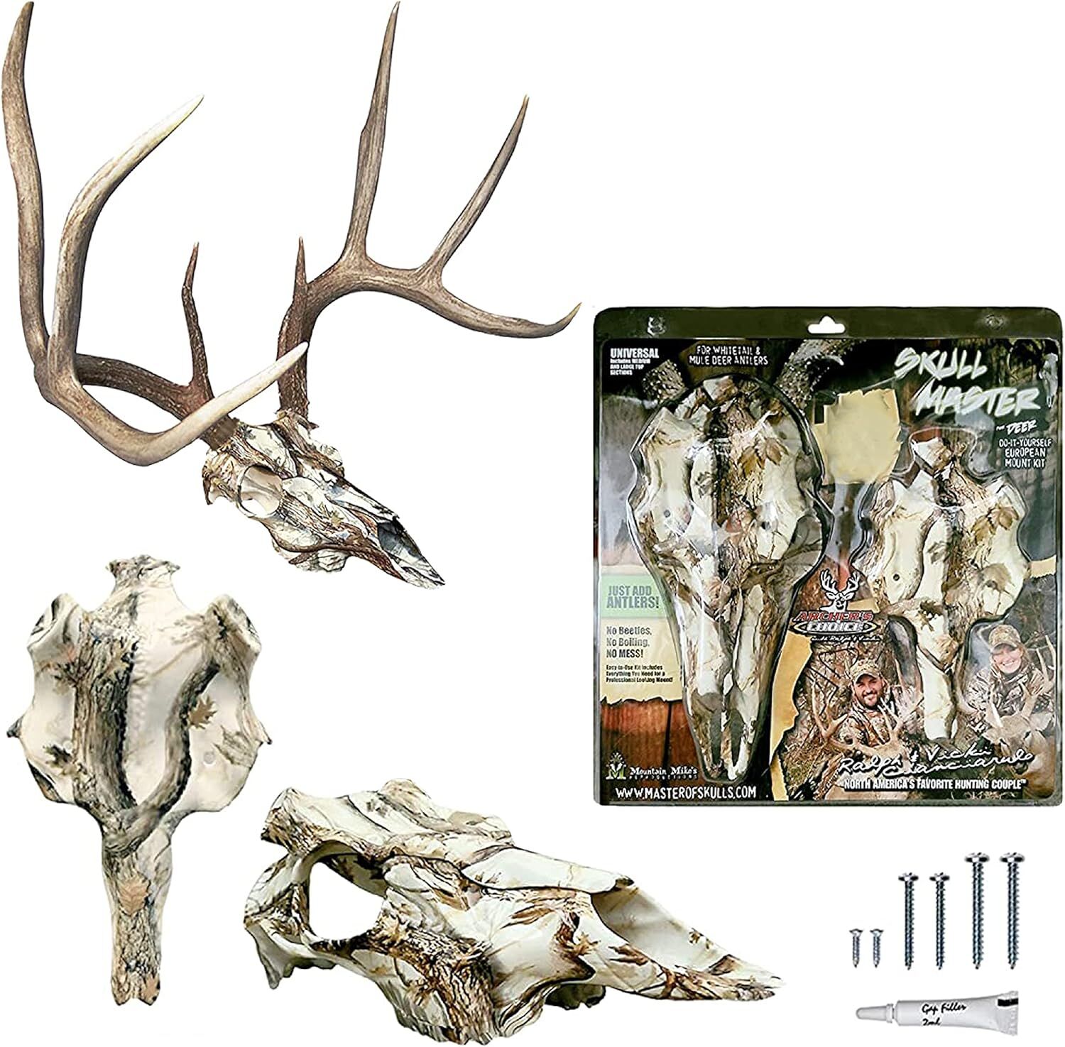 Mountain Mike's Snow Camo Dipped Skull Master Deer Antler Kit Mount Kit
