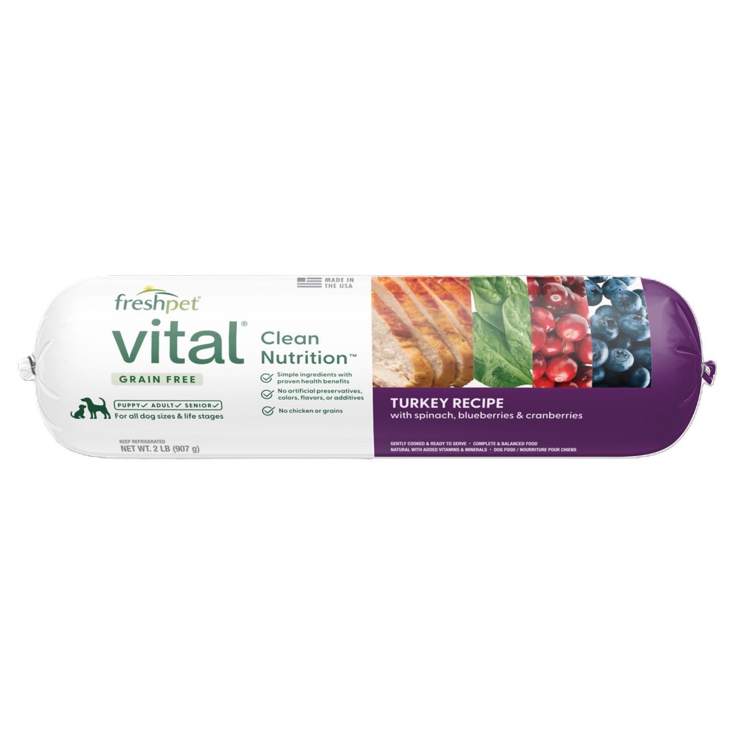 Freshpet Vital Grain Free Turkey Recipe with Spinach, Cranberries & Blueberries Dog Food, 2-Lb
