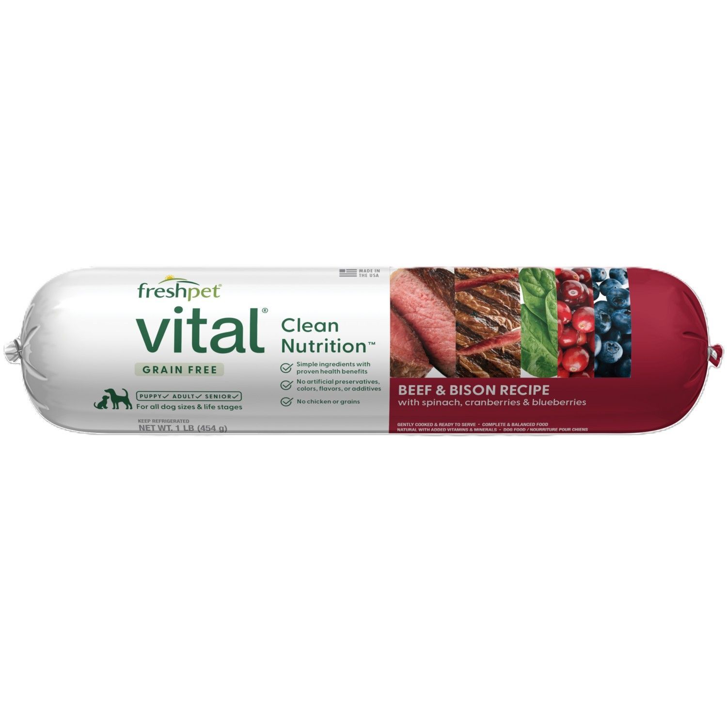 Freshpet Vital Grain Free Beef & Bison Recipe with Spinach, Cranberries, Blueberries Dog Food, 1-Lb
