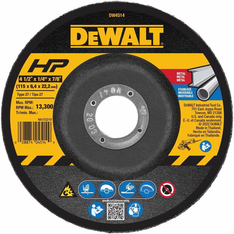 DEWALT High Performance Metal Grinding Wheel Type 27, 4 1/2-In x 1/4-In x 7/8-In