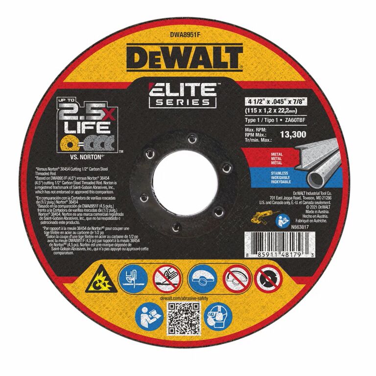 DEWALT Elite Series Cut-Off Wheel Type 1, 4 1/2-In x 0.045-In x 7/8-In