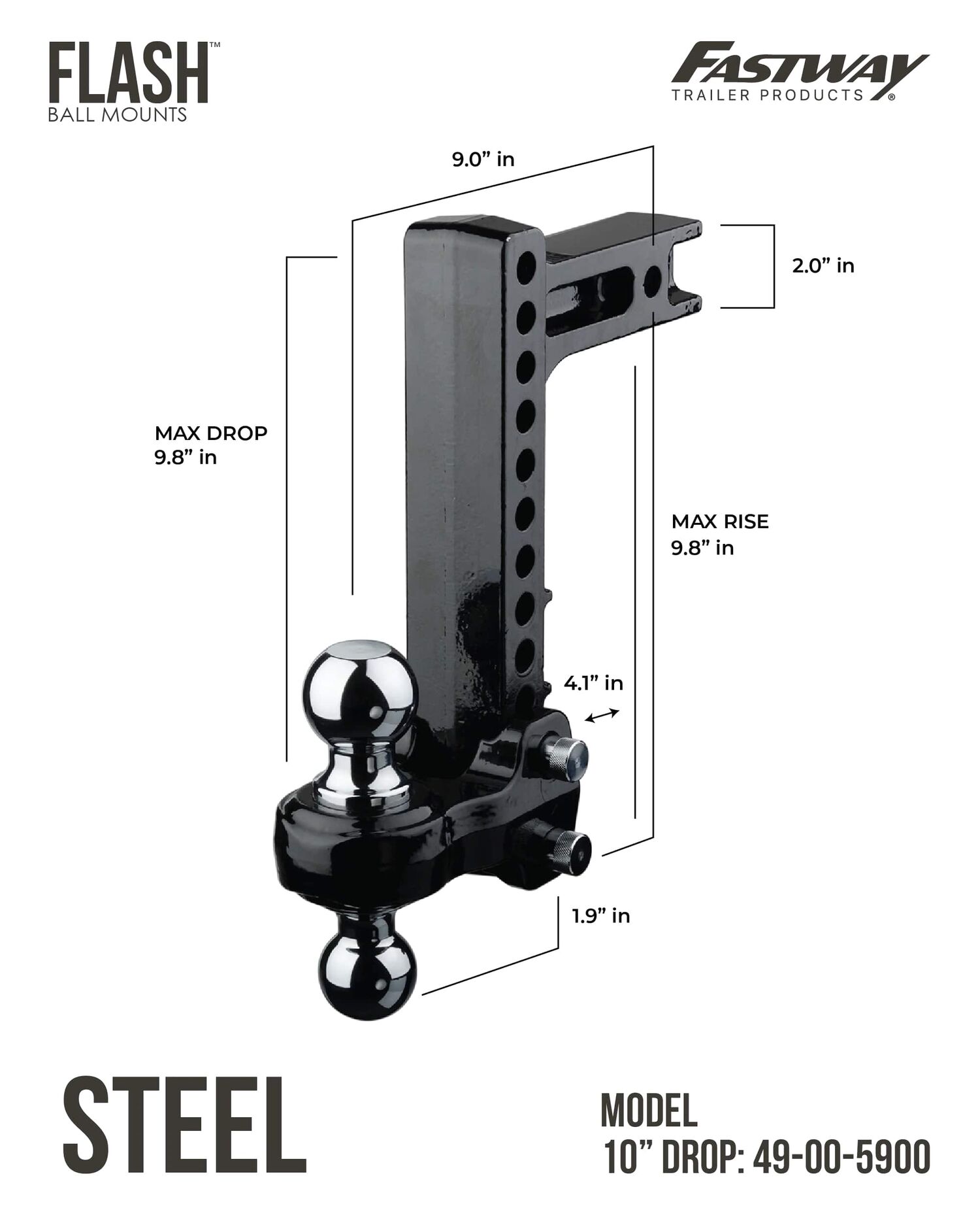 Fastway Slash Steel Ball Mount, 6-In Drop, 2-In Receiver